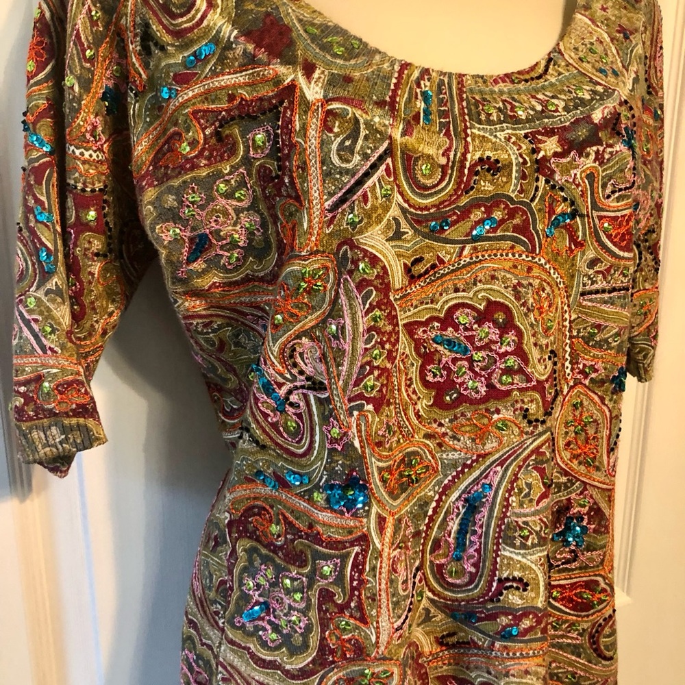 Vintage Cache Knit Top Embellished with Sequins. Colors of Olive/Plum/Org/Turq. - Picture 2 of 10